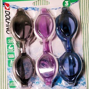 3 pack Dolfino Silicone Swim Goggles ADULT sz ages 12+ UV Protection